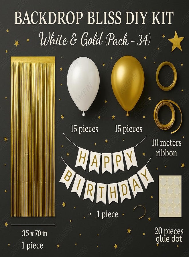 AMFIN (Pack of 34) Backdrop Bliss Birthday Decoration DIY Kit with Balloons, Fringe Curtain and Banner - White & Gold - Image 3